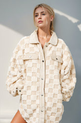 Double Take Button Up Fuzzy Checkered Shacket Cream OutfitFlow